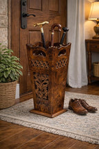 Antique Wooden Umbrella Stand & Walking Cane Holder for Home, Office & Entryway | Hand-Carved Solid Wood Umbrella & Cane Storage Rack | Size 21.5 x 8 x 8 in, Base 7.5 x 7.5 inches