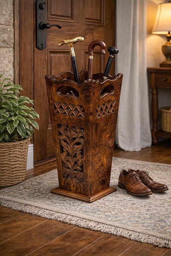Antique Wooden Umbrella Stand & Walking Cane Holder for Home, Office & Entryway | Hand-Carved Solid Wood Umbrella & Cane Storage Rack | Size 21.5 x 8 x 8 in, Base 7.5 x 7.5 inches