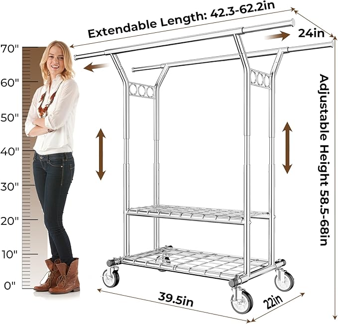 Heavy Duty Clothes Rack, Rolling Clothing Rack With Shelves Load 620 LBS, Double Rod Clothing Racks for Hanging Clothes, Portable& Adjustable Clothes Rack with Wheels Garment Rack