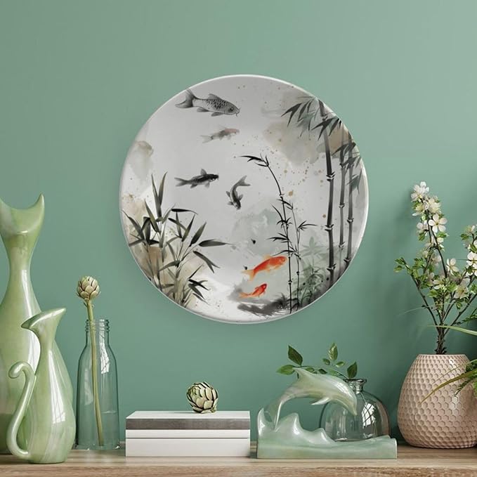 Ink Painting Theme Decorative Ceramic Plate Round Porcelain Plate,Tree and Fish Pattern,for Decorative Ornaments Giving Plates, 1 Plate with 1 Display Stand,Black White red,10 inch