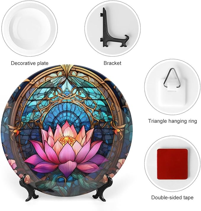 Moroccan Water Lily Stained Glass Print Decorative Plates Home Decor Ceramic Plates, Dinner Plates Display for Living Room, Kitchen, Hallway Console Side Table, Presents for Lotus Lover, 7 Inch