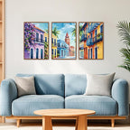KAlRNE Vintage Cityscape Framed Canvas Wall Art Set of 3(16”X24”),Watercolor Street Scenery Wall Decor,Colorful Tropical Building Painting,Texture Botanical Art Prints For Living Room Bedroom Office