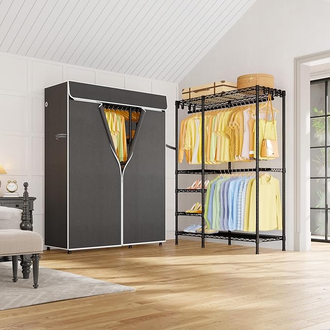 F2C Clothes Rack with Cover, Clothing Racks for Hanging Clothes, Heavy Duty Garment Rack with Shelves and Hanger Rods, Black Closet with Dark Gray Cover, 47.2"W x 16.5"D x 78.3"H, Load 630lbs