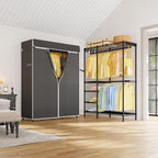 F2C Clothes Rack with Cover, Clothing Racks for Hanging Clothes, Heavy Duty Garment Rack with Shelves and Hanger Rods, Black Closet with Dark Gray Cover, 47.2"W x 16.5"D x 78.3"H, Load 630lbs