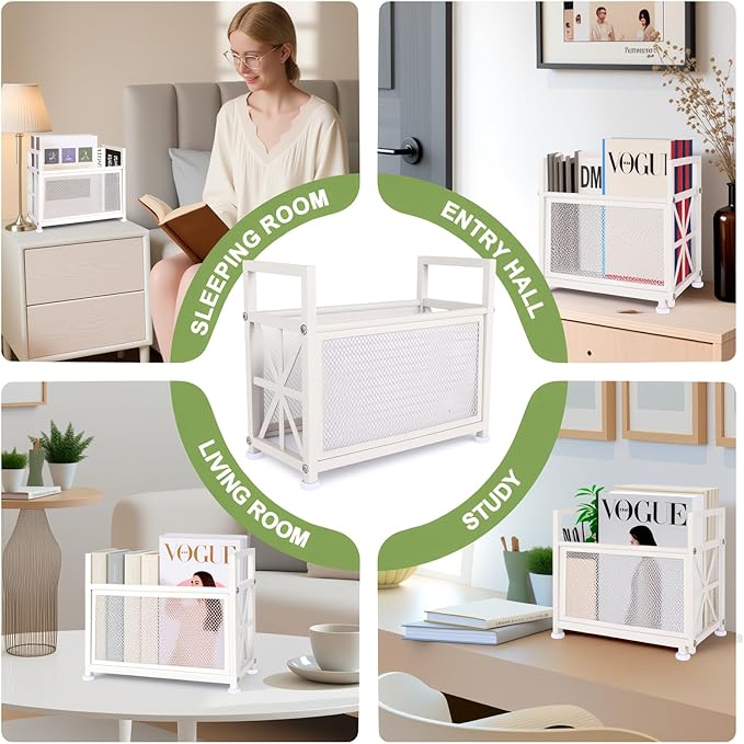 Magazine Rack & Holder – Multi-Purpose Storage Organizer for Magazines, Books, Newspapers, Mail, Tablets | Sturdy White Basket for Home, Office, Bathroom | Sleek Design & Easy Assembly