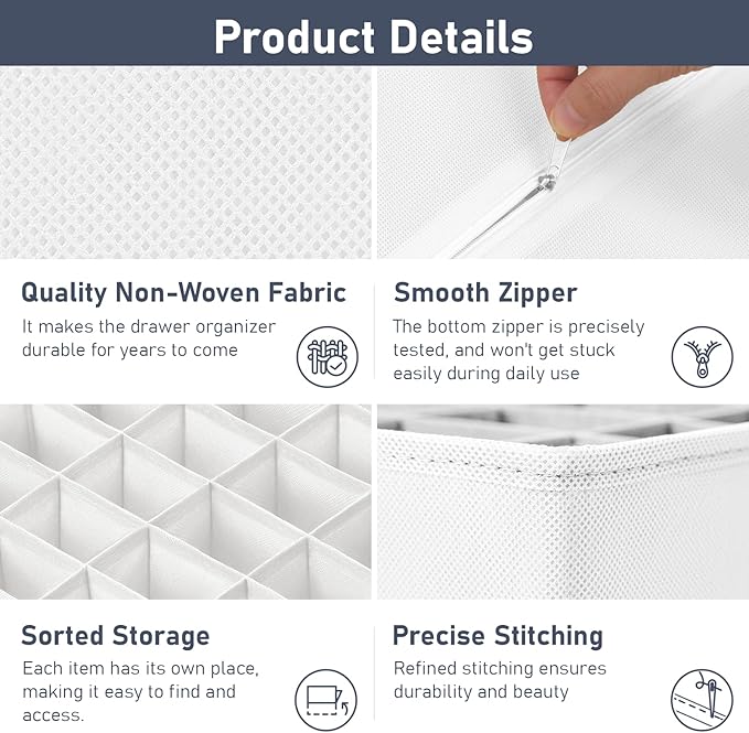 DIMJ Sock Organizer Drawer Organizer - Dresser Underwear Drawer Organizer for Storing Socks, Handkerchiefs, Ties, Belts, White