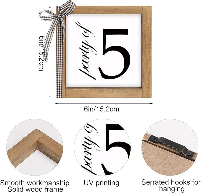 6 Inch Party of 5 Sign, Wooden Frame Family of 5 Decor, Rustic Gift for Family Indoor Table Tiered Tray Shelf Desk Farmhouse Home Decorations