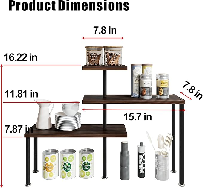 Countertop Organizer Organization 3 Tier Kitchen Corner Shelves Adjustable Spice Storage Rack for Bathroom Coffee Area Over Sink (Black Oak)