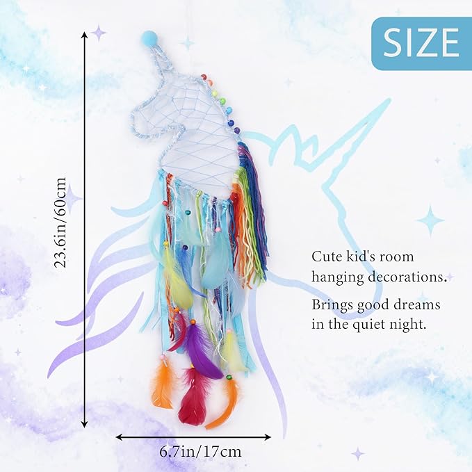 Pretty Jolly Unicorn Dream Catchers for Little Girls Bedroom Handmade Kids Dreamcatcher with Fluffy Pom Poms Feathers&Beads,Nursery Wall Decor for Toddler Girls Room,Children Birthday Gift(Blue)