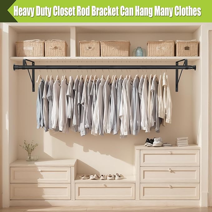 Closet Rod, 17 to 51 Inch Clothes Rods 1.3 Inches Heavy Duty Adjustable Closet Pole for Hanging Clothes and Heavy Duty Hanging Clothes Rod Bracket Closet Pole Support (Black)