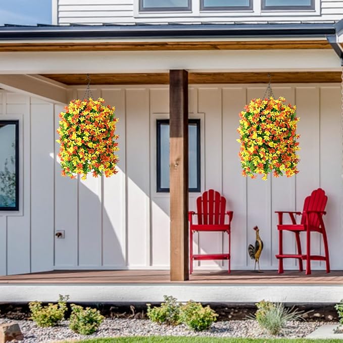 INQCMY Artificial Hanging Flowers Decoration, 4pcs Fake Floral Basket Plants for Outdoor Porch, Faux Shrubs Home Spring Decor UV Resistant Potted Violets for Outside Garden No Fade