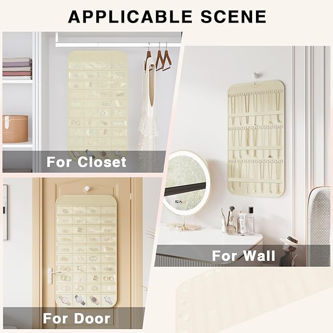 Hanging Jewelry Organizer Storage, 40 Pockets 36 Hooks Necklace Earring Bracelet Ring Organizer, Double - Sided Design, Beige