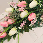 belupai 22in Pink Tulips Teardrop Swag, Decorative Floral Swag with Lily of The Valley Flower and Greenery Leaves, Spring Summer Tulips Swag for Indoor Outdoor Window Decor(Multicolor)