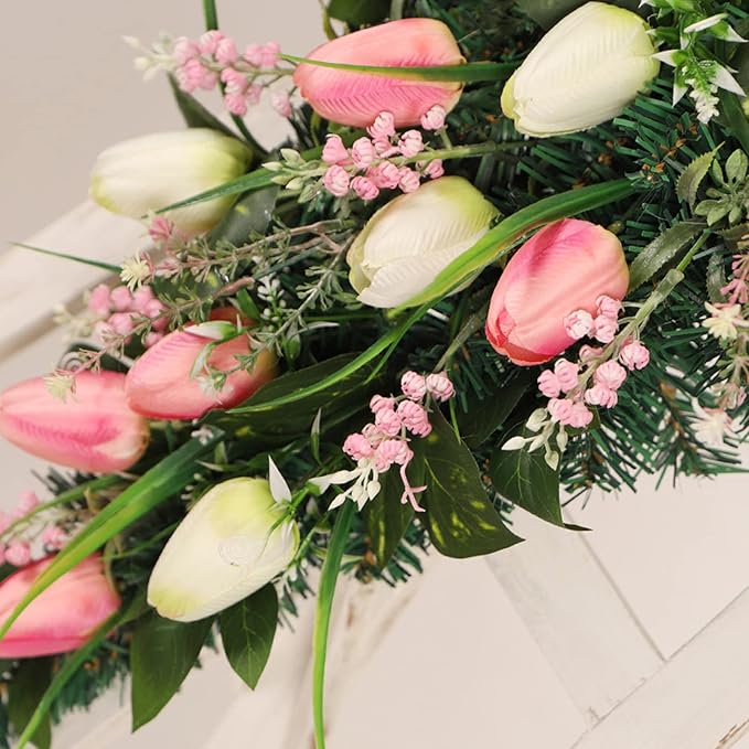 belupai 22in Pink Tulips Teardrop Swag, Decorative Floral Swag with Lily of The Valley Flower and Greenery Leaves, Spring Summer Tulips Swag for Indoor Outdoor Window Decor(Multicolor)
