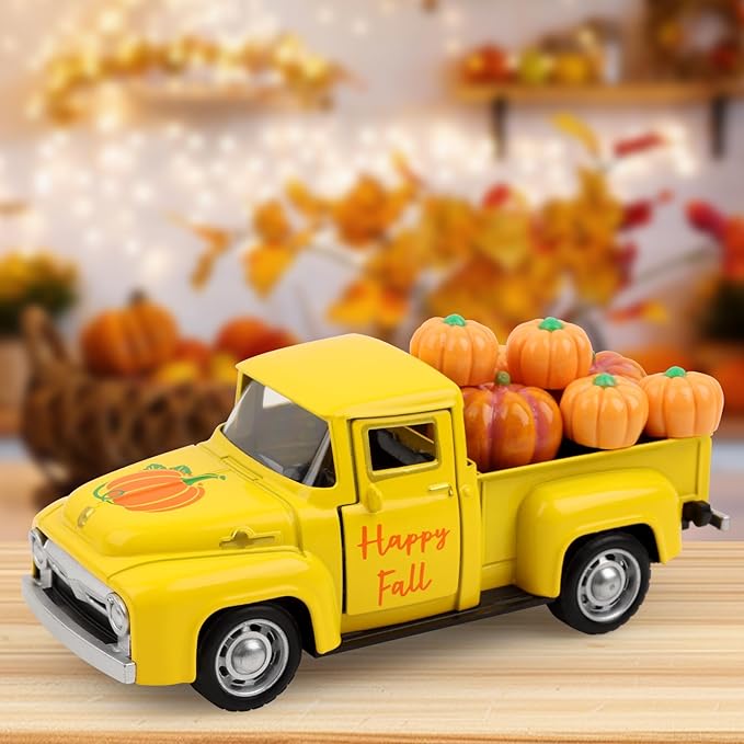 Fall Tiered Tray Decor Pumpkin Metal Truck with 8 PCS Plastic Pumpkin Fall Centerpieces for Thanksgiving Tables Home Kitchen Mantel Shelf Bookshelf Coffee Mini Truck Decorations