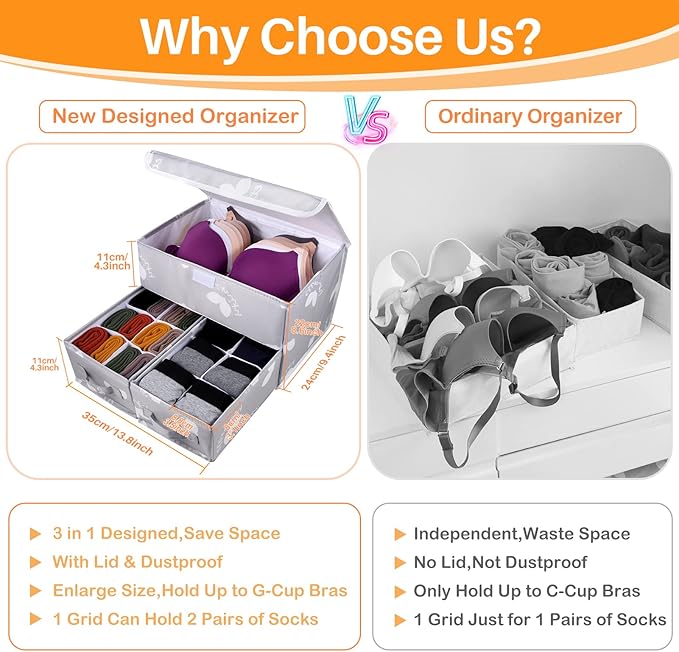 2 Pack Sock Underwear Drawer Organizer Divider - Closet Organizers and Storage Dresser Organizer Wardrobe Clothes Box Storage Bins with Lid for Bra, Socks, Leggings, Shirt, Panty (Grey)