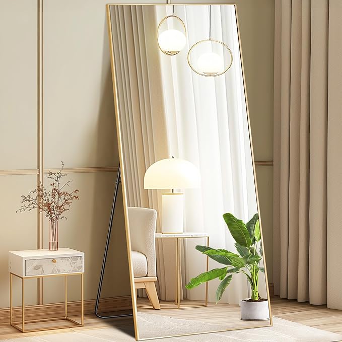 DUMOS 26"x68" Full Length Mirror with Stand, Floor Standing Aluminum Frame, Shatter-Proof Nano Glass for Bedroom, Living Room, Cloakroom – Modern Simple Home Decor,Can Be Hanging or Leaning, Gold