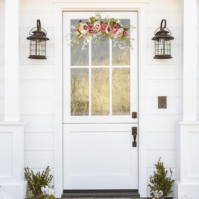 IUIBMI 29.5 inch Wedding Arch Flowers, Spring Decorative Peony Swags with Green Leaves Rustic Artificial Floral Swag Peony Door Wreath for Front Door Wedding Arch Wall Decor (A)