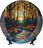 Stained Glass Theme Decorative Ceramic Plate Round Porcelain Plate,7 inch,Sunset Forest Stream Pattern,for Decorative Ornaments Giving Plates, 1 Plate with 1 Display Stand,Orange Blue