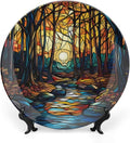 Stained Glass Theme Decorative Ceramic Plate Round Porcelain Plate,6 inch,Sunset Forest Stream Pattern,for Decorative Ornaments Giving Plates, 1 Plate with 1 Display Stand,Orange Blue