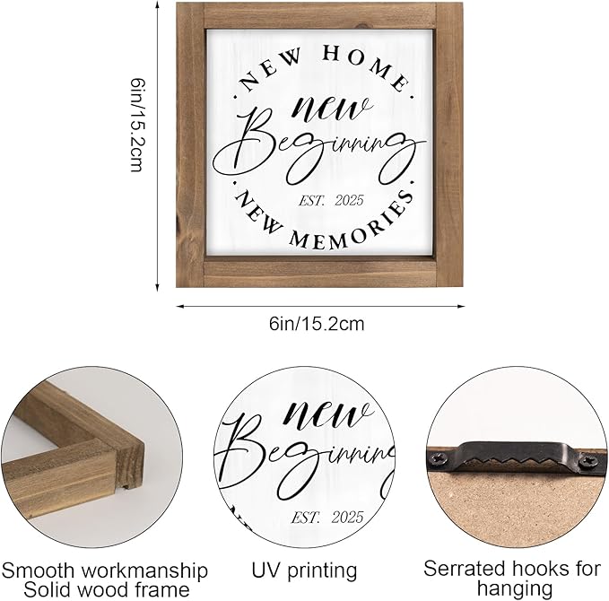 Wooden New Home Sweet Home Sign Decor, 6 Inch New Beginnings Rustic 2025 Housewarming Gifts for Family Homeowner, Indoor Table Tiered Tray Wall Art Shelf Desk Bedroom Farmhouse Decorations