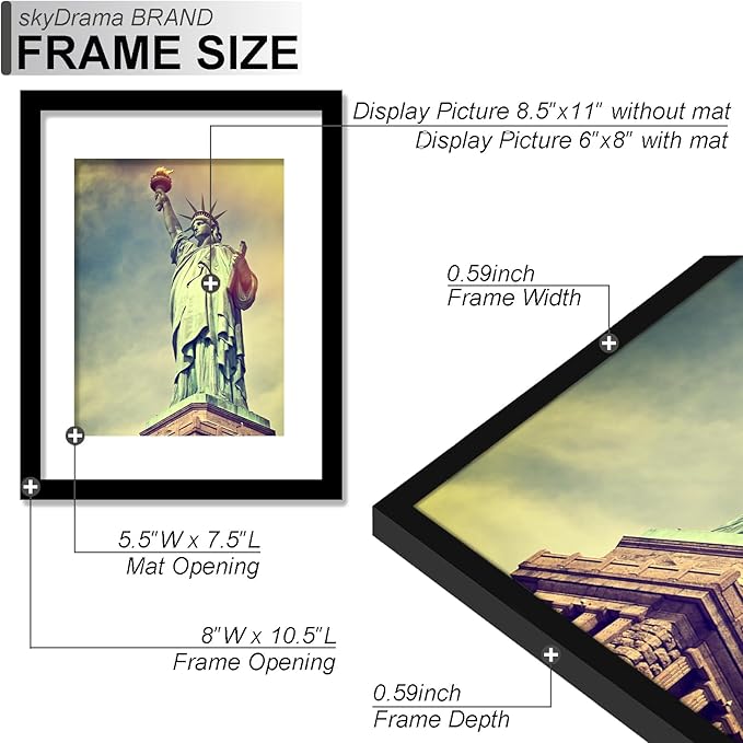 100% Solid Wood 8.5 x 11 Picture Frame Set of 2, Black Frame Display Photo 6 x 8 with Mat or 8.5x11 without Mat, 8.5by11 HQ Matte Black Frame for Wall - 2 Pack/Black/8.5"x11"