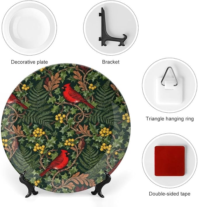 Custom Gifts Fashion Plates, William Morris Style Forest Christmas Holly Cardinals Hand-Painted Ceramic Decorative Plates Home with Display Stand, Funny Decor for Display Table Wall, 6", 7", 8", 10"