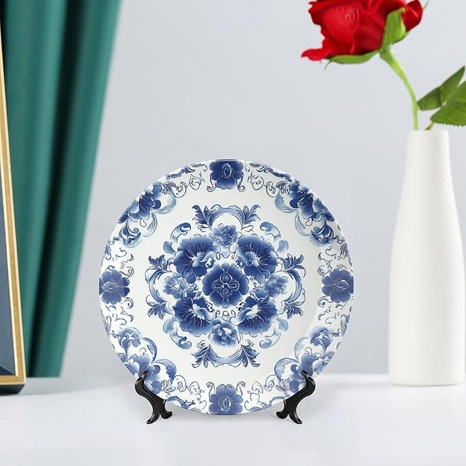 Blue Ceramic Decorative Plate, Blue and White Pottery Decorative Dish with Stand, Chinese Style Bone China Decorative Plates Art Porcelain Plate for Living Room Hallway Table Decor
