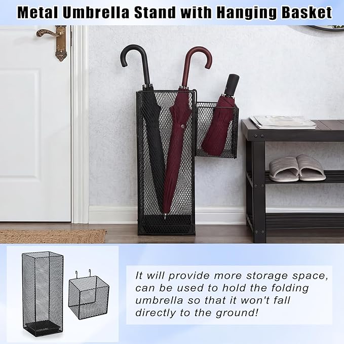 OwnMy Metal Umbrella Holder for Entryway, Indoor Umbrella Stand for Entryway with Small Basket and Draining Tray, Modern Umbrella Storage Stand Rack for Home Office Hotel Entrance, 16.5" Height