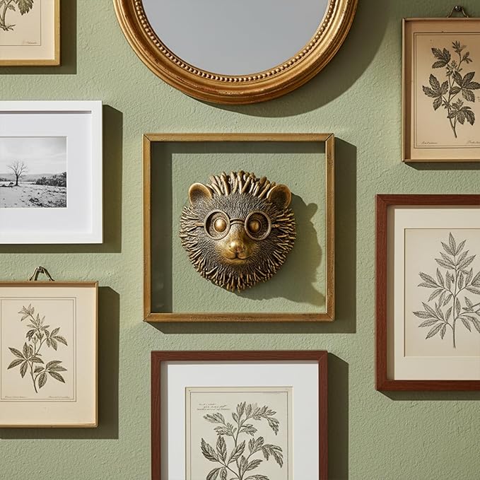 JJALIGHTS Exquisite Resin Animal Head Wall Sculpture (Gift Metal Frame) - Hedgie Imitation Copper Vintage Decor for Living Room, Bedroom & Office | Decorative Wall Hanging Art (Hedgehog)