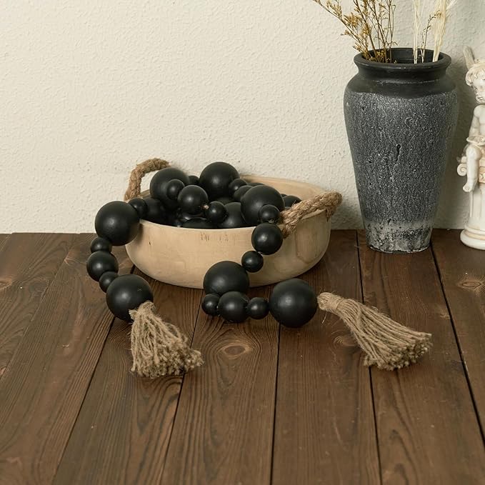 2" Extra Large Wood Bead Garland with Tassels, 75" Long Rustic Farmhouse Wooden Beads Garland, Decorative Beads Boho Decorations for Home Table Mantle Black