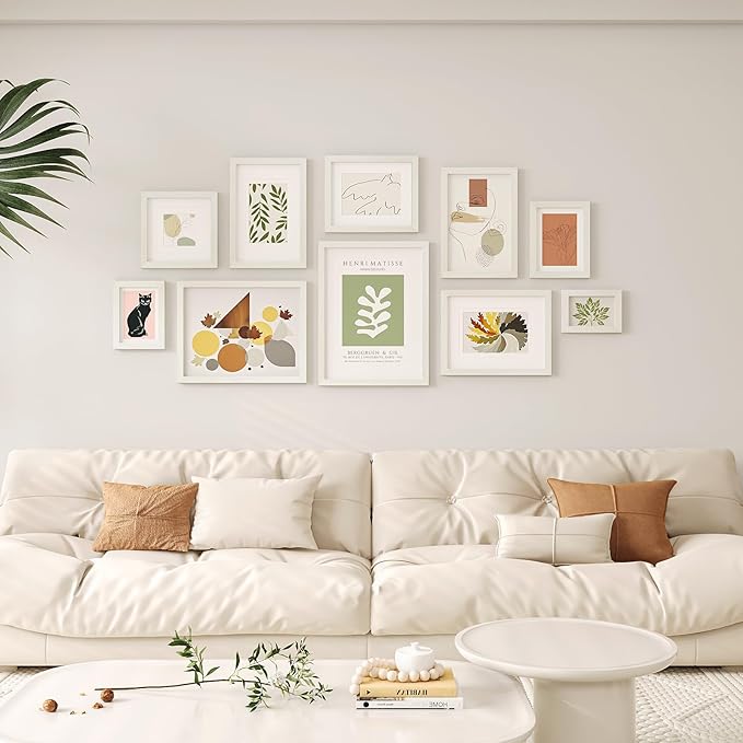 Egofine 12x16 Picture Frames Set of 4, Made of Solid Wood Covered by Plexiglass 9x12 and 11x14 with Mat or 12x16 without Mat, for Wall Mounting Photo Frame Beige