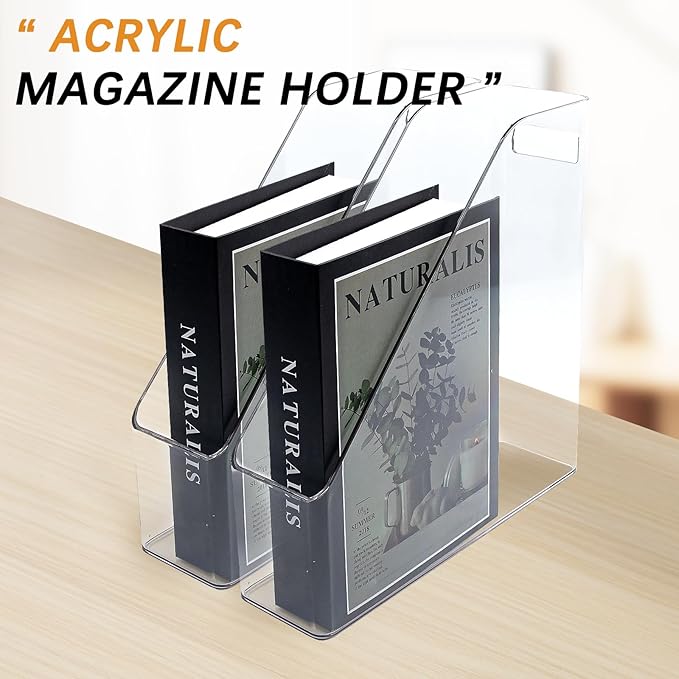Magazine Holder, 2 Pack Acrylic Magazine File Holder,A4 Vertical File Organizer with Handle for Desk,Clear Document Rack File Folder Storage Bin