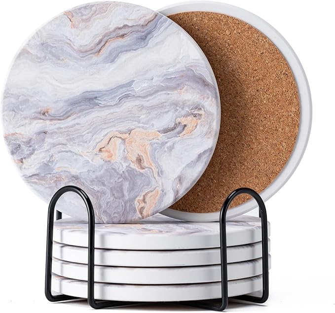Hoewina 6Pcs Drink Coasters with Holder, Marble Style Ceramic Drink Coaster, Absorbent Coasters Set Suitable for Kinds of Cups, Modern Style Coasters for Coffee Table, 4 Inches（Style 8）