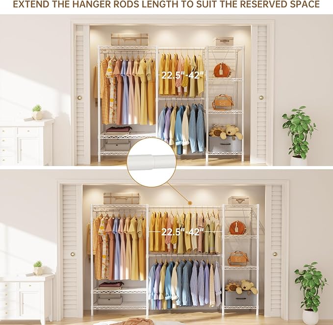 Coat Rack Clothes Wardrobe：Closet Organizer and Storage Clothing Garment Rack with Shelves Heavy Duty for Hanging Clothes Portable Adjustable White 15.8" Dx(70-88.5)" Wx76.5 H
