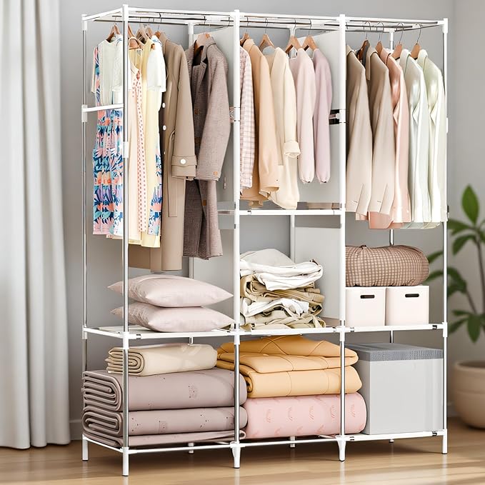 Portable Closet for Hanging Clothes 67 Inch Wide Large Capacity Portable Wardrobe Closet with Cover, Storage Shelves and 3 Hanging Rod, Gray Wardrobe Closet Easy to Assemble and Strong