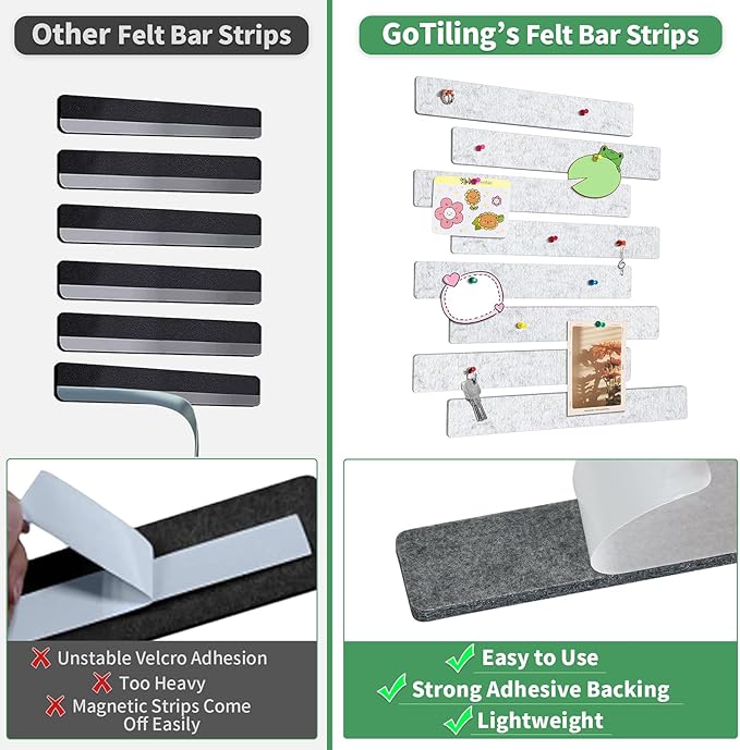 Cork Board for Walls - 8 Pack Felt Pin Board Bar Strips - Self-Adhesive Lightweight Bulletin Board - Cork Board for Office with 40 Push Pins No Damage for Wall (Black White Grey)