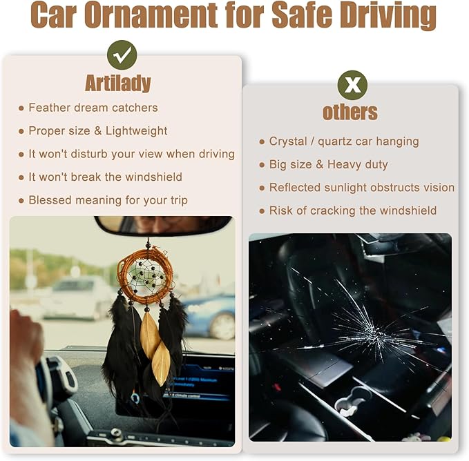 Mini Dream Catcher Car Rear View Mirror Accessories, Native American Car Interior Decor Charms Natural Rattan Black Feathers Wall Hanging Ornament for Men