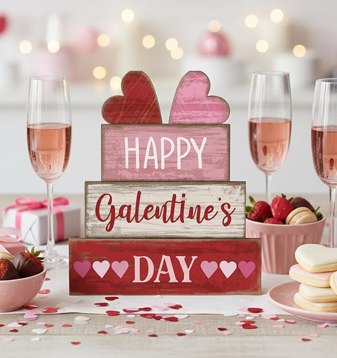 Yuntau 5 Pcs Happy Galentines Day Decorations Wooden Hearts Table Centerpiece Happy Galentines Day Party Table Sign for Valentines Tiered Tray Desk Mantle Shelf Decor