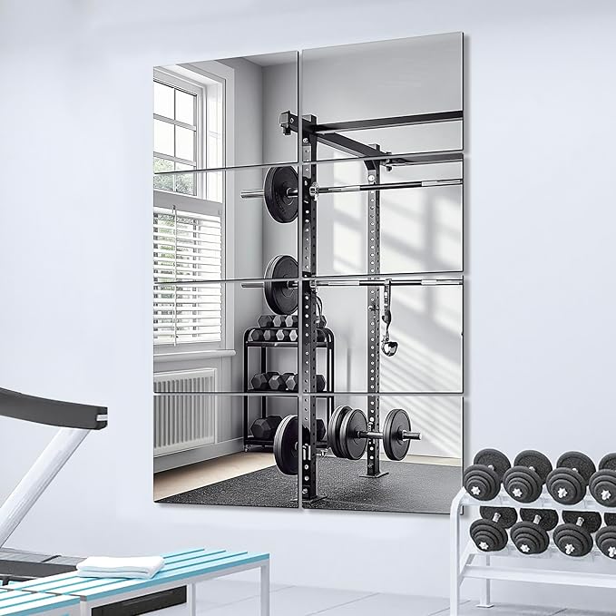 Delma Frameless Mirror Tiles 16"x12"x8 Pcs Wall Mounted, Shatter Resistant Full Length Tempered Glass Panels for Home Gym Bathroom Bedroom & Living Room Decor