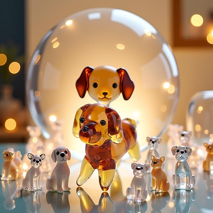 Brown Mini Dog Art Blown Glass, Crystal Cute Dog Figurine, Glass Ornament Statue Animal Collectible, Blown Art Pet Animal Collectible Figures Home Décor Accents