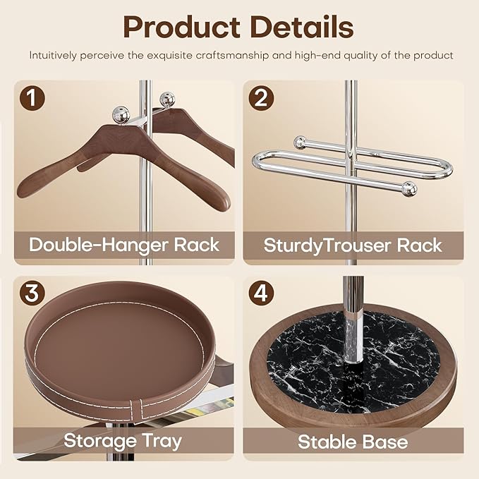Suit Valet Stand with Marble Base, Freestanding Men’s Clothing Organizer with 2 Wooden Hangers, Storage Tray, Stainless Steel Frame, for Bedroom, Office, Entryway (12.6" x 54.3")