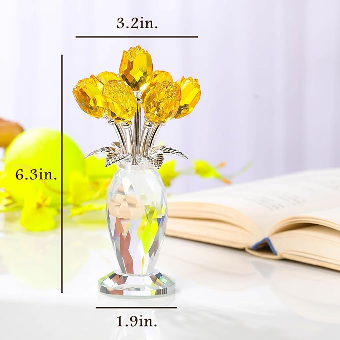 Movdyka Crystal Yellow Rose Flower Figurine with Vase Handmade Romantic Glass Rose for Wife Mom on Birthday Christmas Wedding Home Decorations