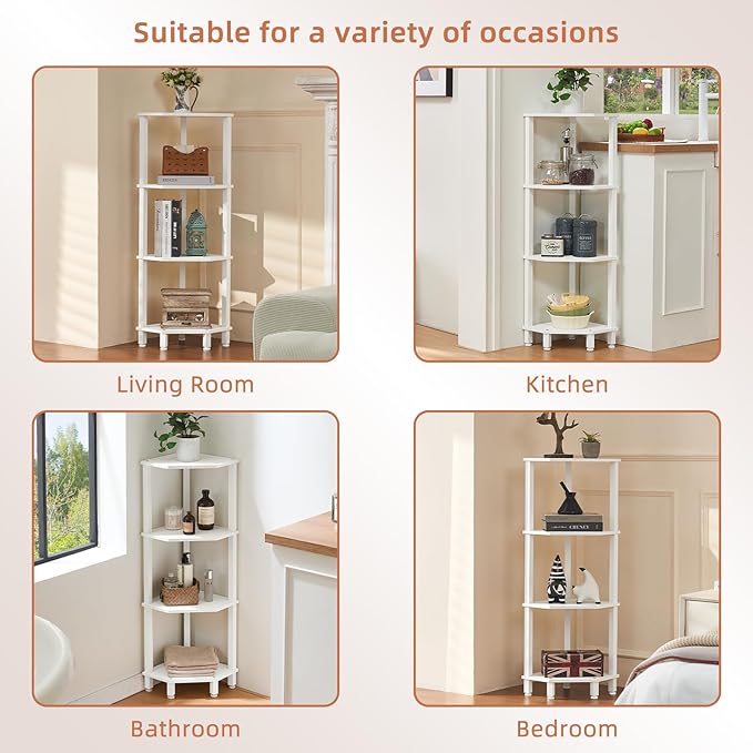 YUFAM 4-Tier Corner Shelf with Sturdy 5-Leg Base, Wooden Corner Bookshelf for Small Spaces, Corner Standing Shelf for Living Room, Bedroom, Office, White