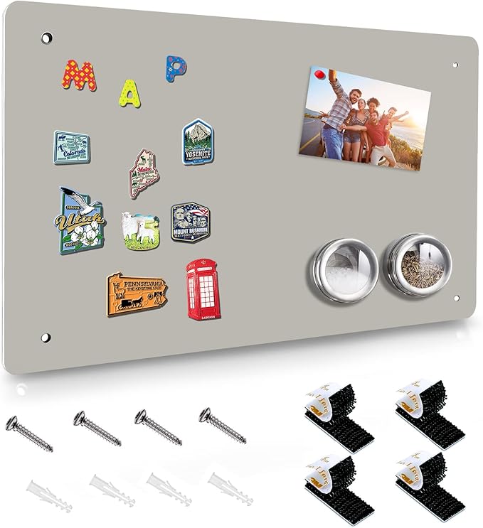 Magnetic Board,17.5" x 11.4" Magnet Bulletin Board to Display Magnetic Notes, Poetry, Photos, Suitable for Wall, Refrigerator, Cabinet etc, Come with 4 Pcs Dual Lock Tape and Screws (Gray)