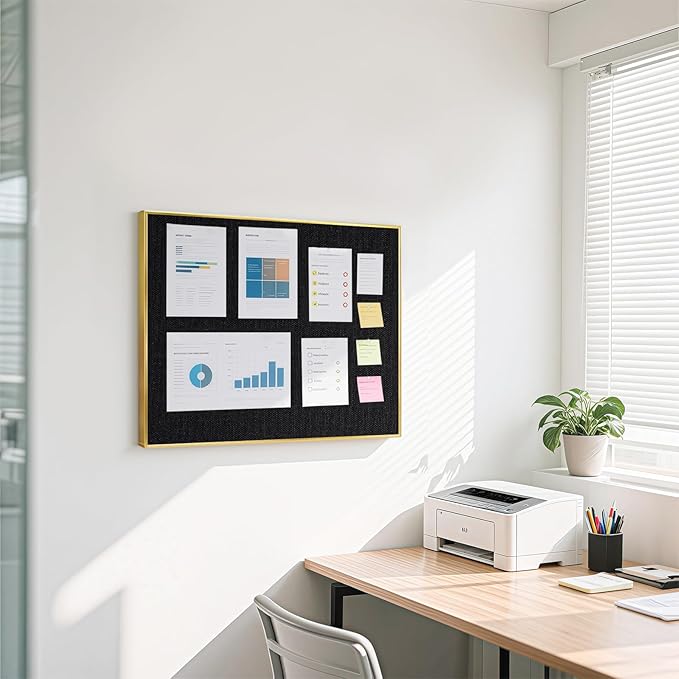 Linen Bulletin Board 24" x 18", Black Fabric Pin Board with Gold Aluminum Frame, Decorative Vision Board for Home Office, Bedroom & Dorm Wall Decor, Includes 10 Push Pins