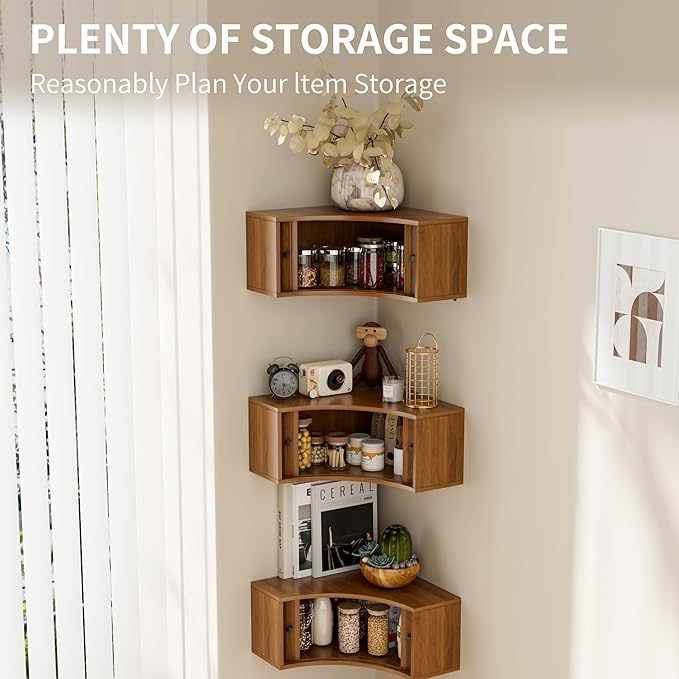 Corner Shelves Wall Cabinet Set of 3, Floating Corner Shelf Organizer with Sliding Doors, Fluted Wall Cabinet for Living Room, Bedroom, Office, Small Space, Walnut (recessed, 15.74")