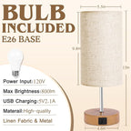 UNIFUN Touch Control Bedside Table Lamp with USB-C Charging Ports, 4-Way Dimmable Nightstand Lamp with Wood Base & Fabric Shade for Bedroom Living Room