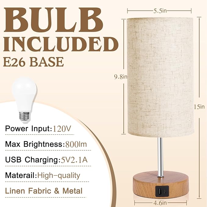 UNIFUN Bedside Lamps 2 Pack - 4 Way Dimmable Touch Nightstand Lamp with USB & Type-C Charging Port, Small Wood Base with Round Linen Fabric Shade for Bedroom, Living Room