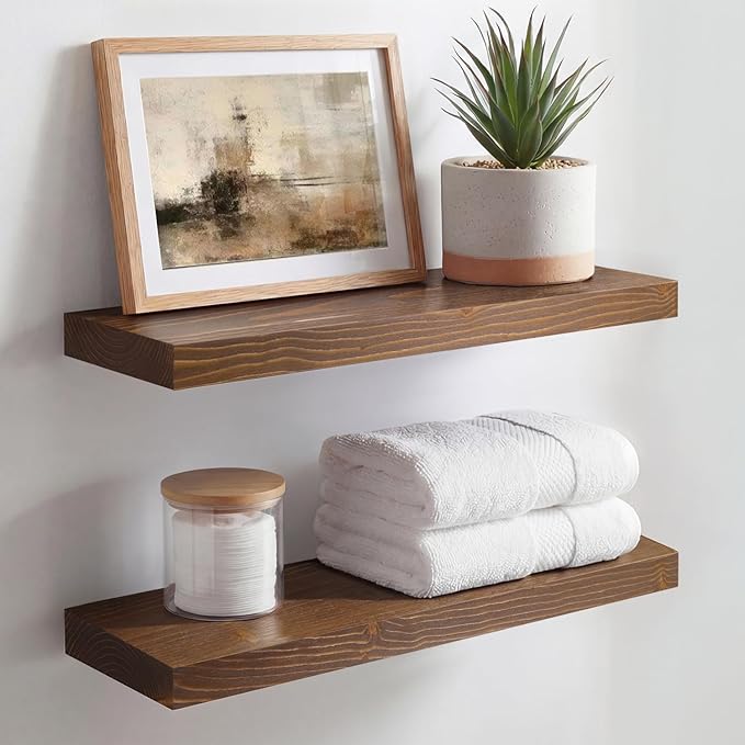 Homeforia Classic Walnut 18 inch Floating Shelf, High End Solid Real Wood Small 18inch Floating Shelves for Wall Mounted, 18in Floating Shelves, Heavy Duty Bracket, 18 X 6.5 X 1.75 inches, Set of 3